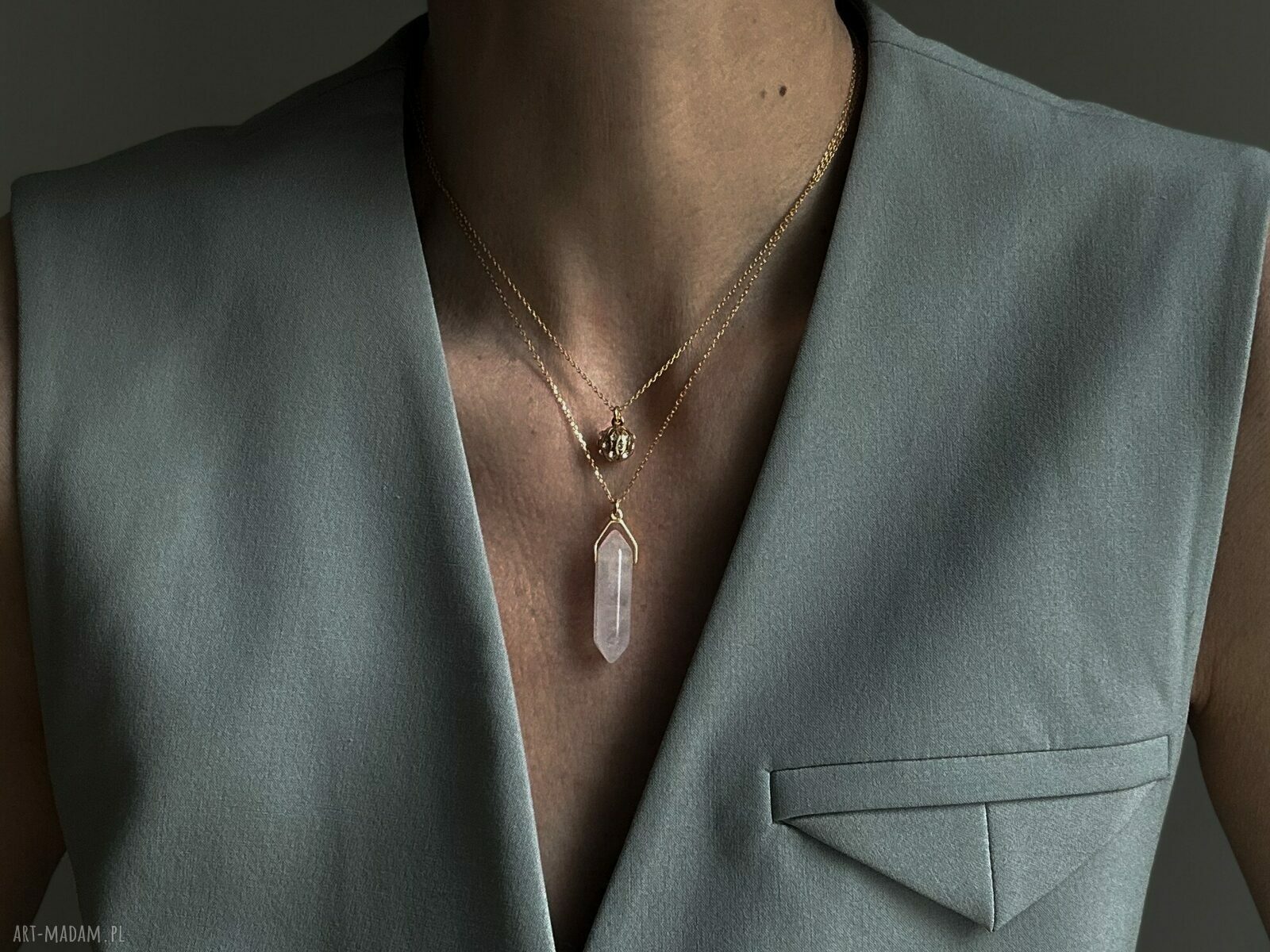 naszyjniki: Złoty naszyjnik z bezbarwnymi kryształami Handmade