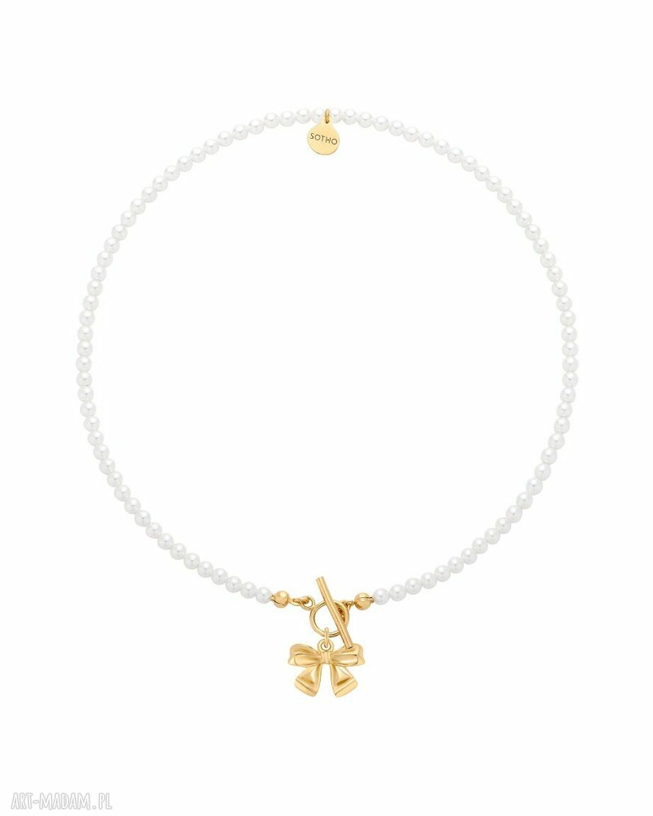 Złoty naszyjnik z białych pereł Swarovski Crystal z kokardką - 50 cm