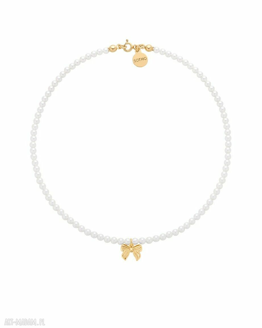 Złoty naszyjnik białych pereł swarovski® crystal kokardką 50cm