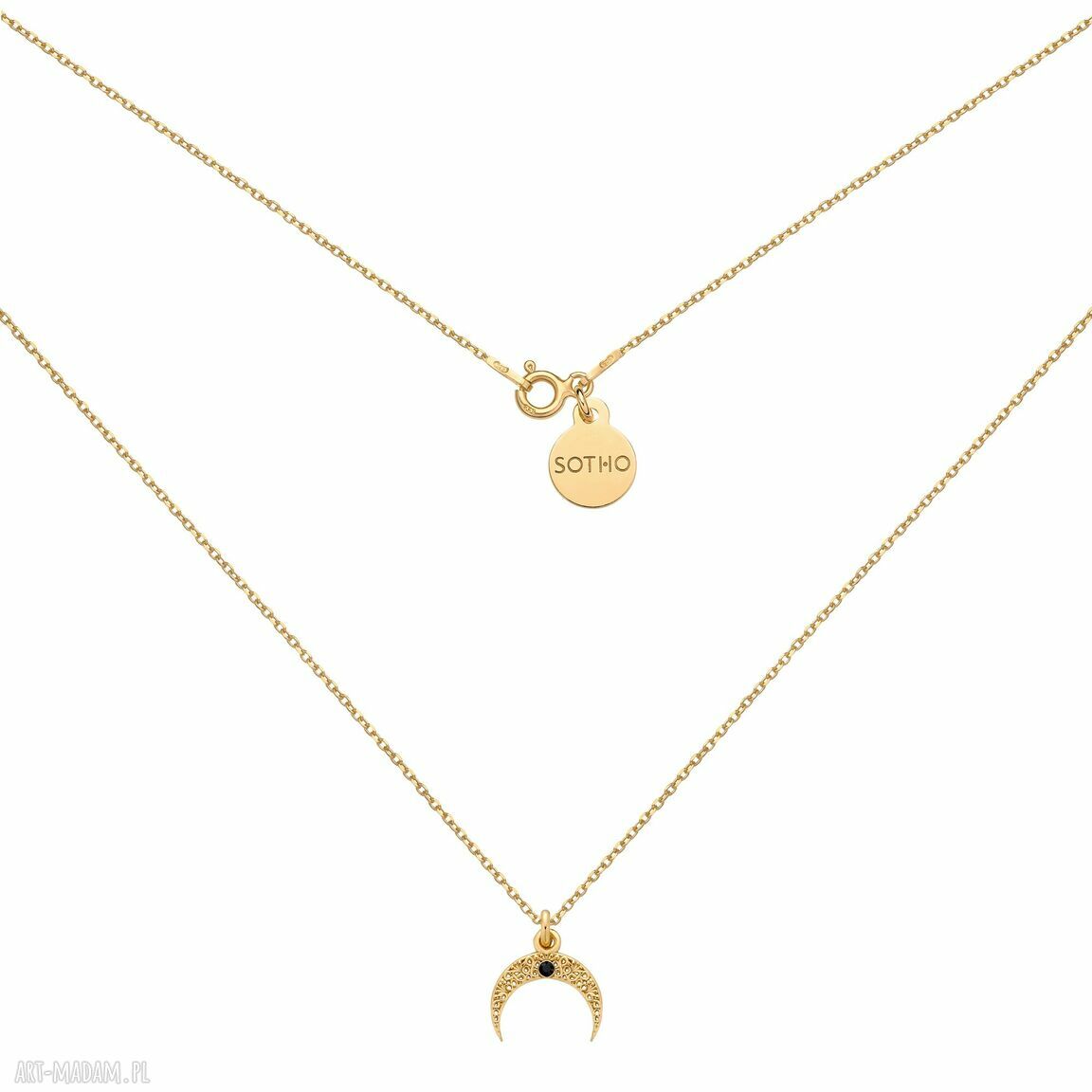 Złoty naszyjnik księżycem czarnym kryształkiem łańcuszek ksieżyc