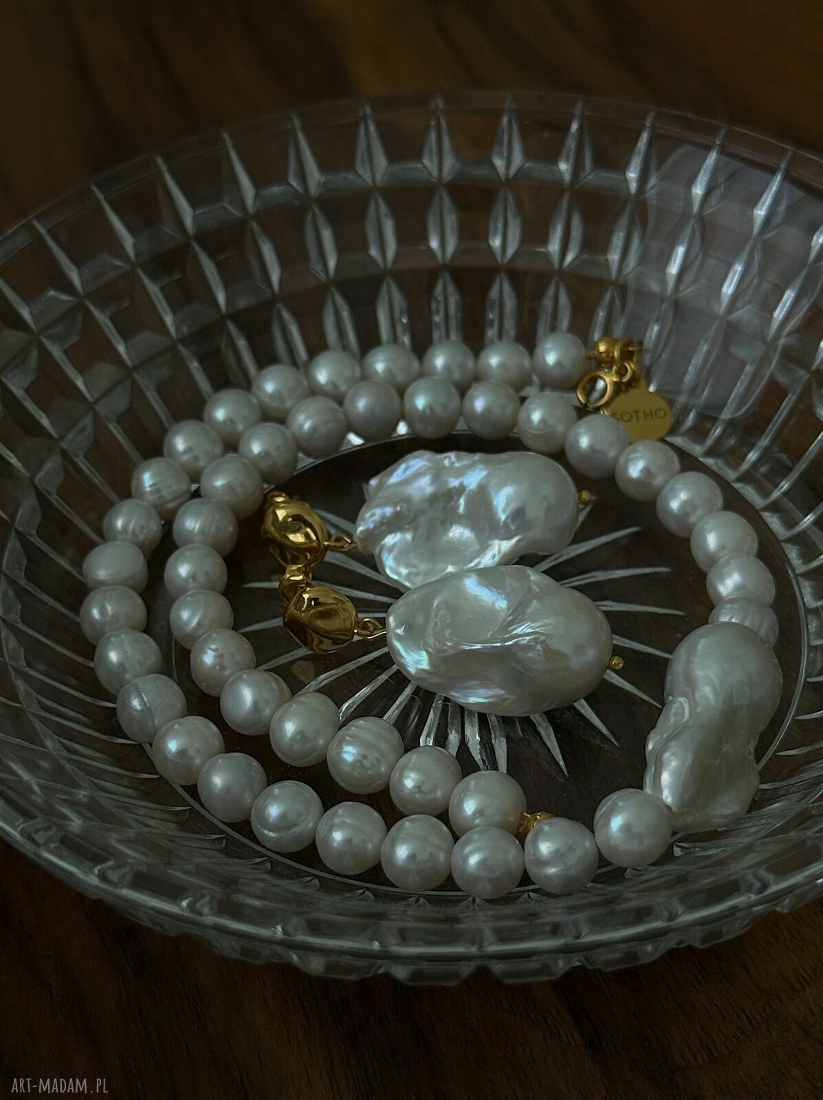 naszyjniki: Złoty naszyjnik z pereł naturalnych z barokową perłą hand made