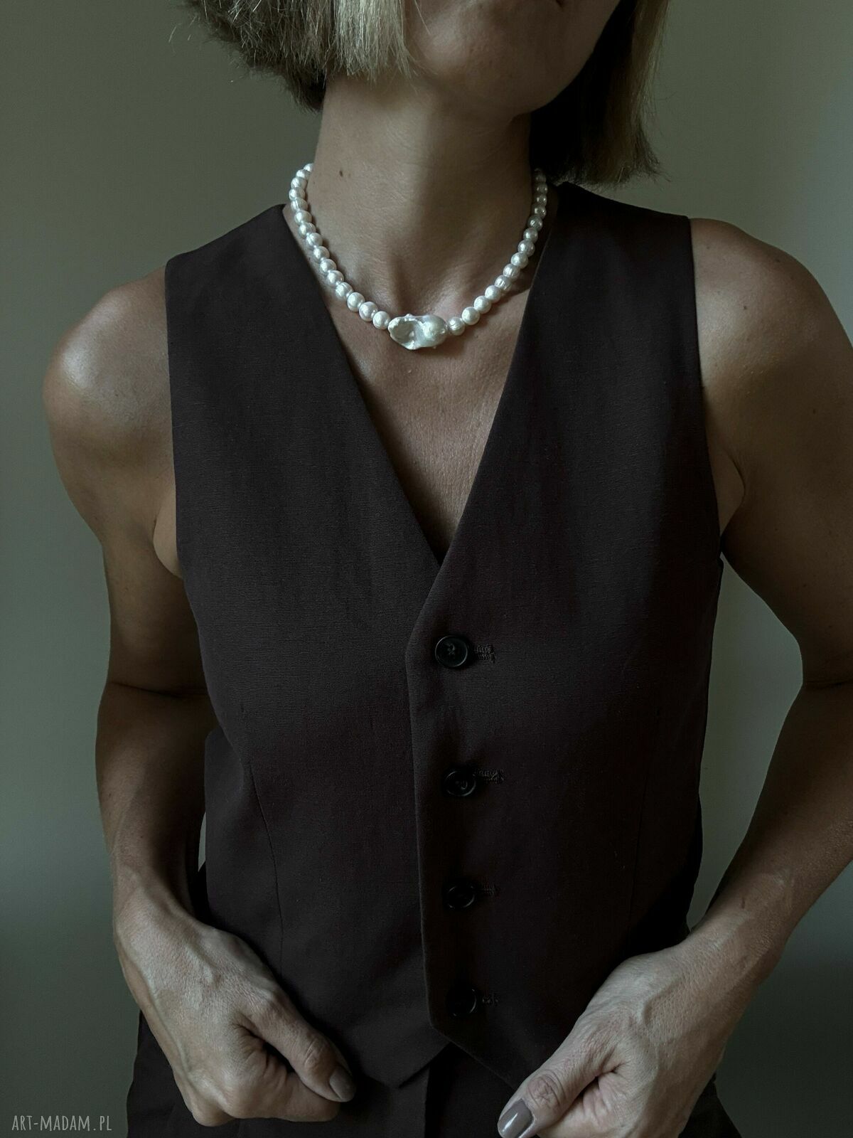 naszyjniki: Złoty naszyjnik z pereł naturalnych z barokową perłą hand made