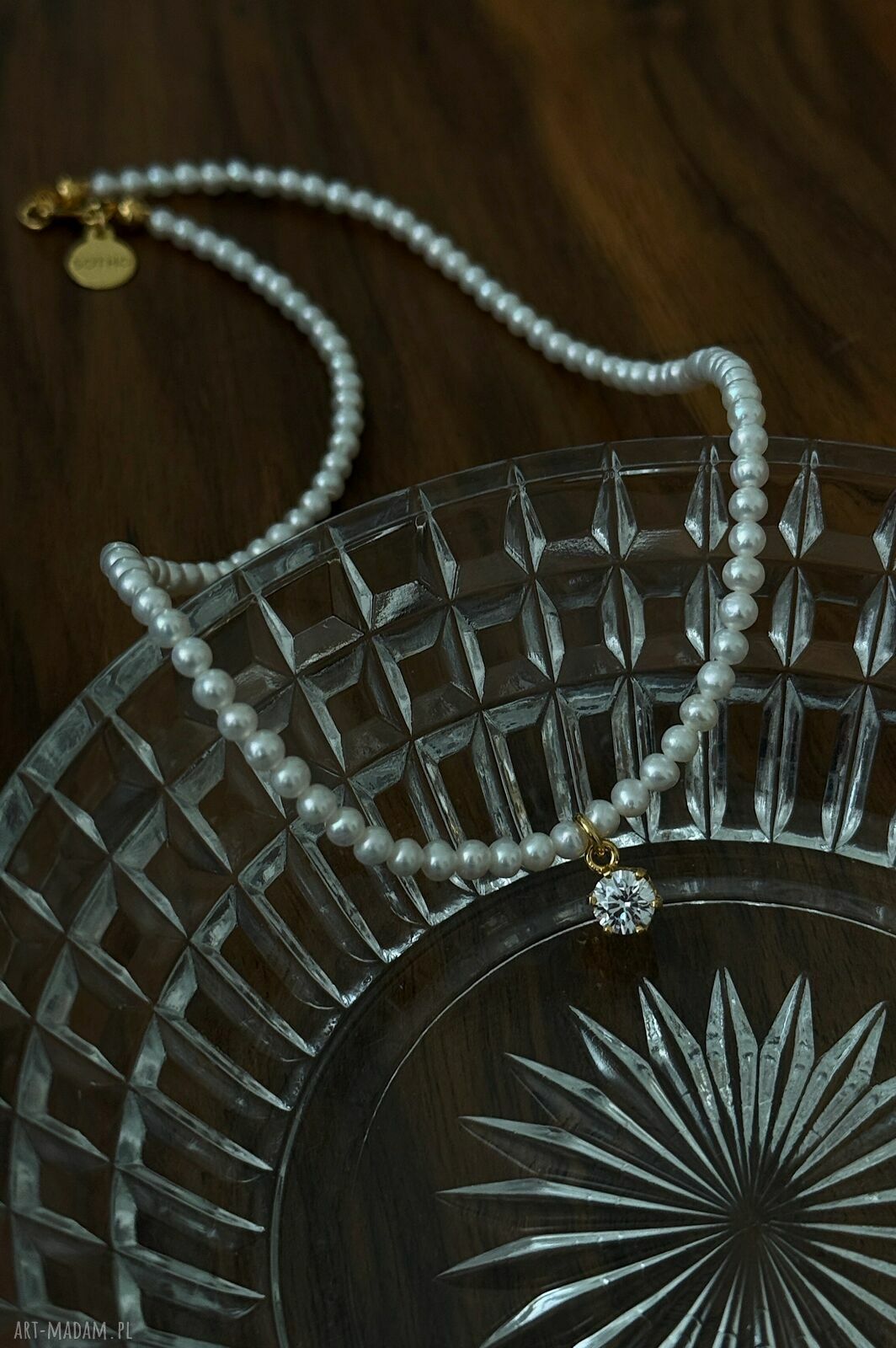 naszyjniki: Złoty naszyjnik z pereł naturalnych z bezbarwną cyrkonią Handmade