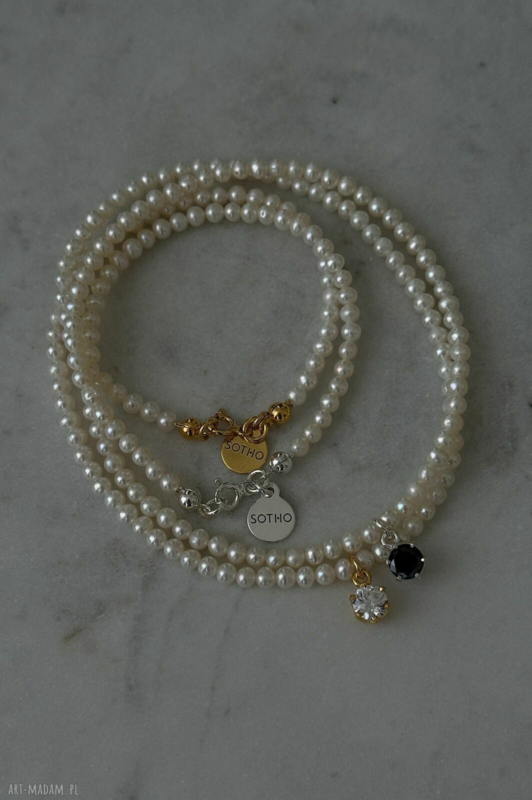 naszyjniki: Złoty naszyjnik z pereł naturalnych z bezbarwną cyrkonią Handmade