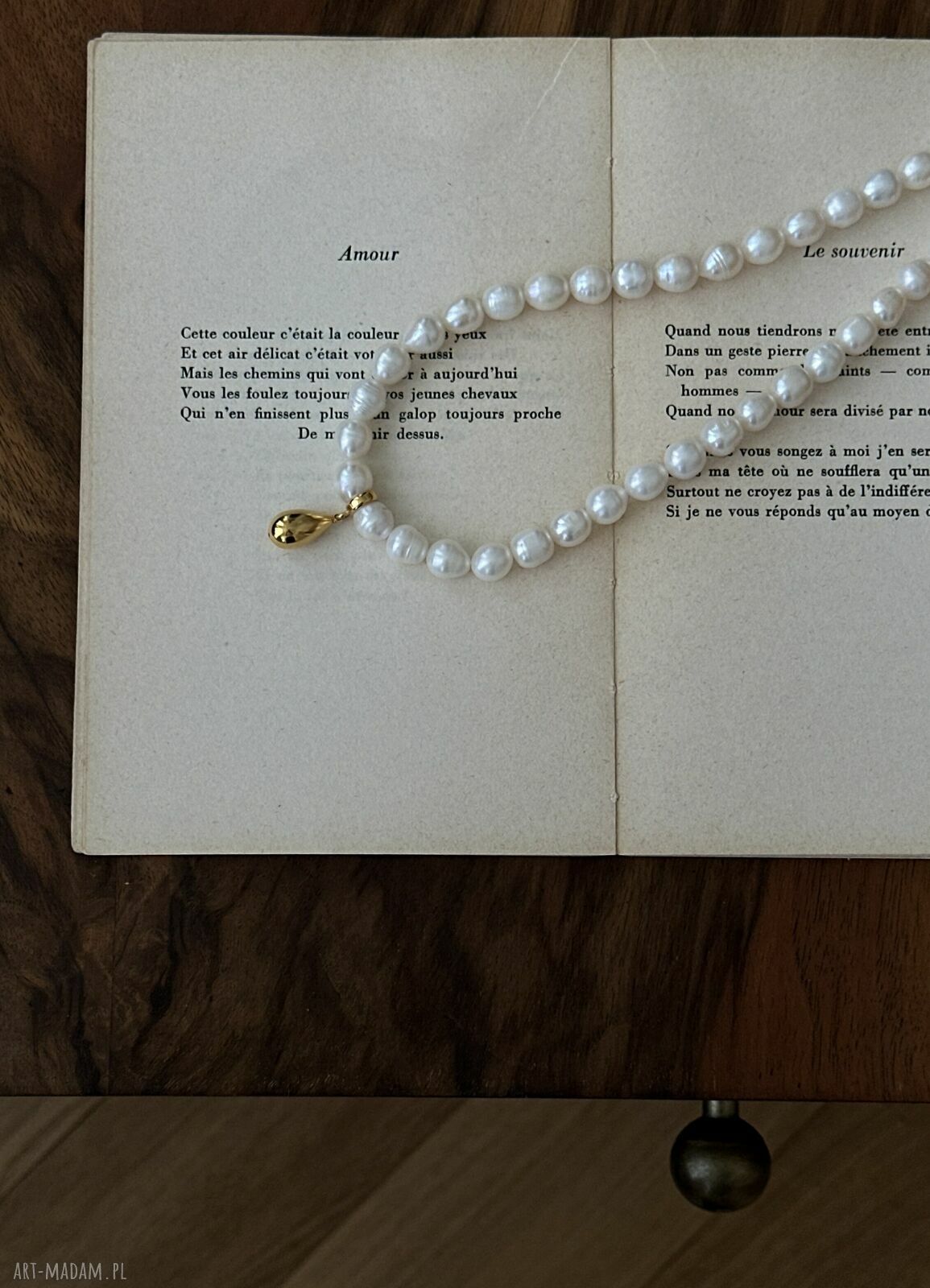 naszyjniki: Złoty naszyjnik z pereł naturalnych z kroplą autorskie