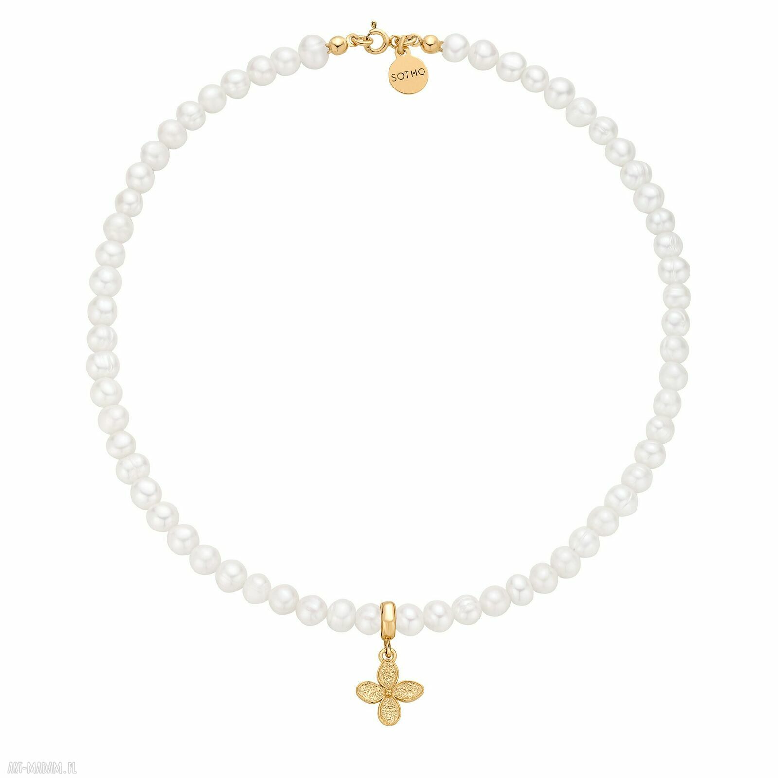 Złoty naszyjnik pereł naturalnych kwiatkiem perły naturalne