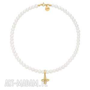 złoty naszyjnik z pereł naturalnych z kwiatkiem