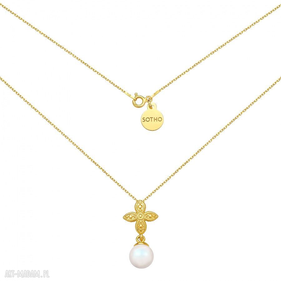 Złoty naszyjnik SOTHO z rozetką i opalizującą perłą Swarovski® Crystal Pearlescent