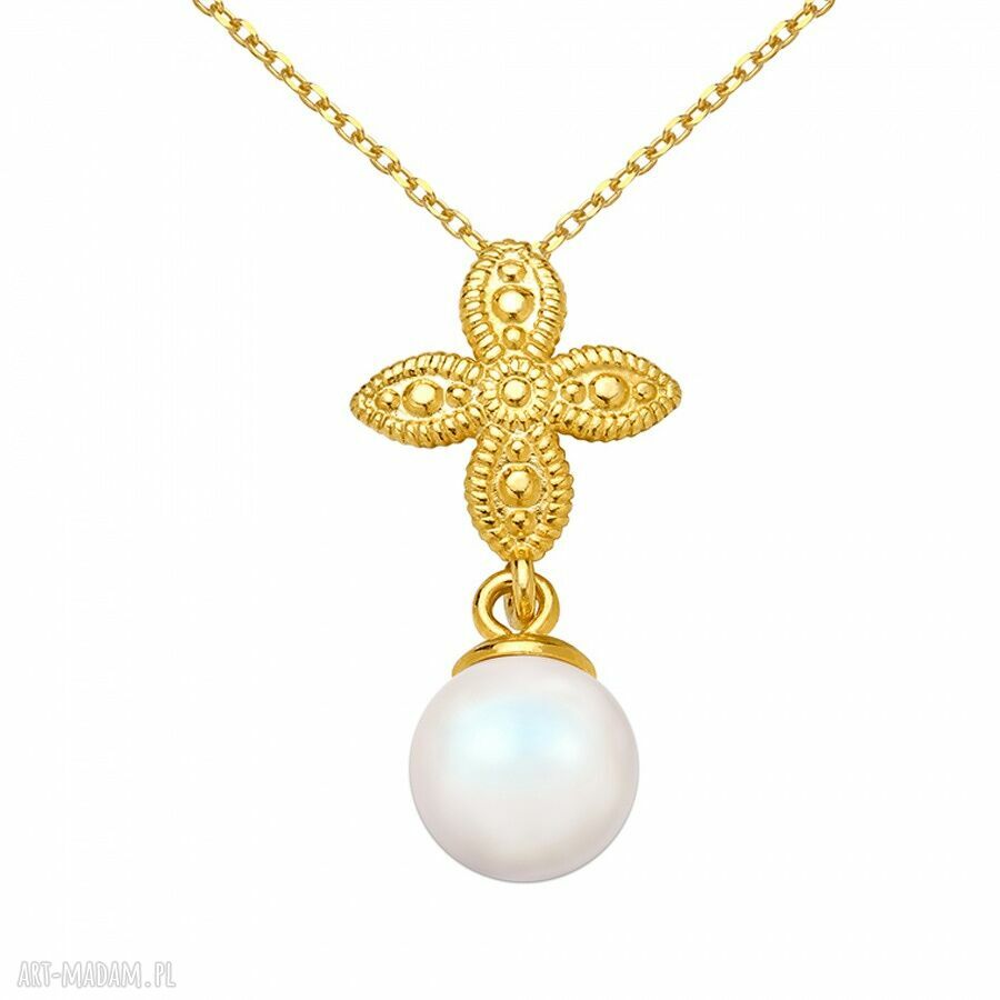 Złoty naszyjnik SOTHO z rozetką i opalizującą perłą Swarovski® Crystal Pearlescent