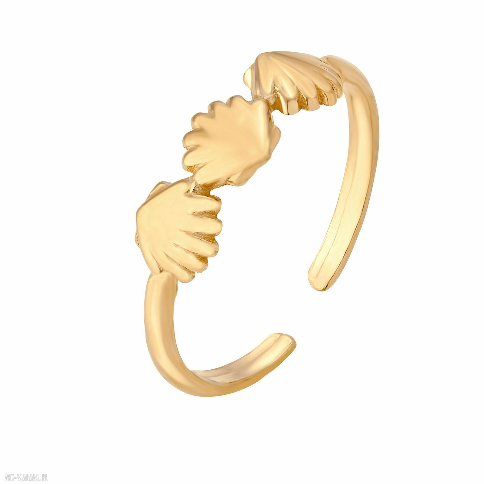 Złoty pierścionek muszelkami muszelki pozłacany zdobiony