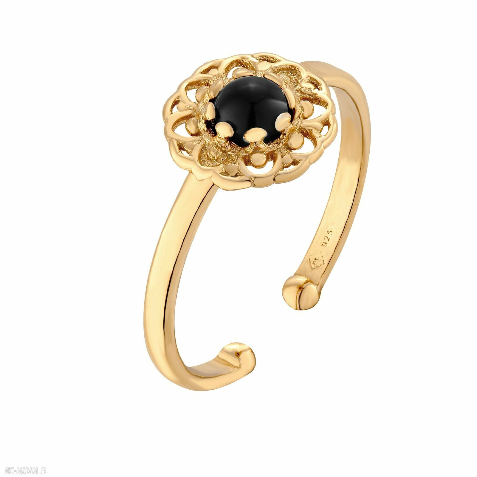 Złoty pierścionek onyksem pozłacany czarny onyks