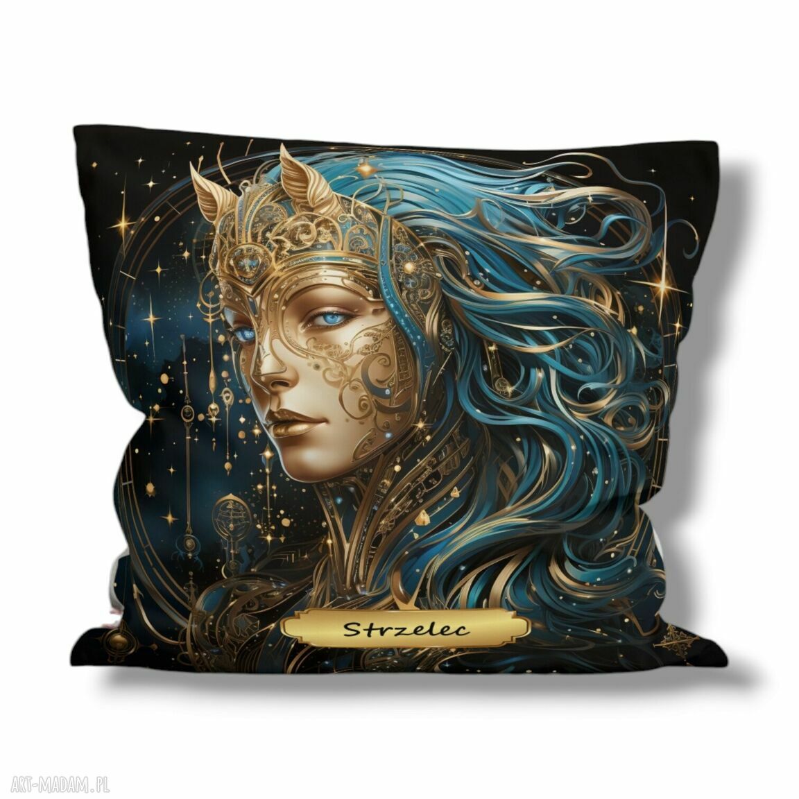 Ręcznie szyta poduszka Strzelec - znak zodiaku w czarnym welurze