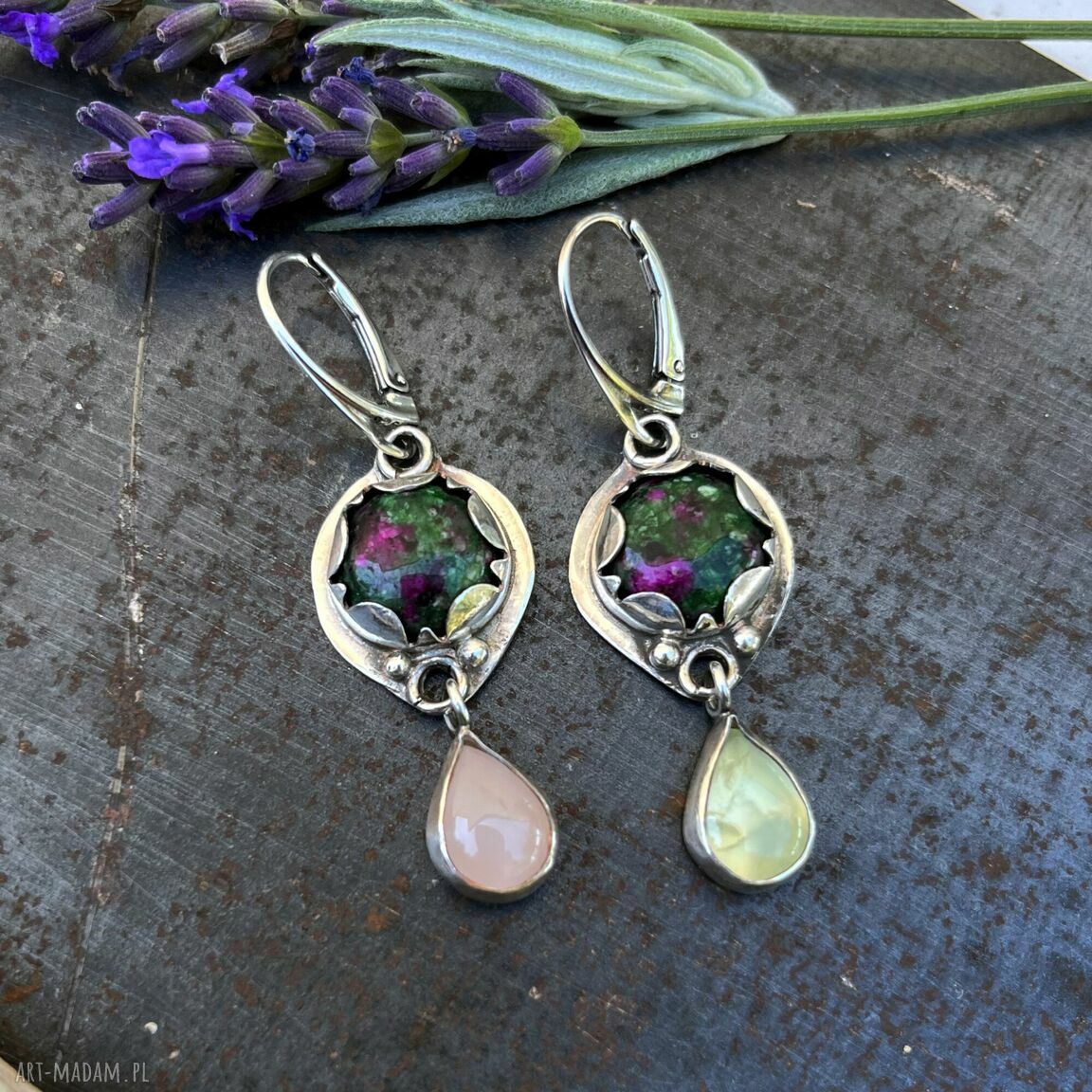 Zoisyt i mięta herbaciana - srebrne kolczyki 925 wiszące handmade