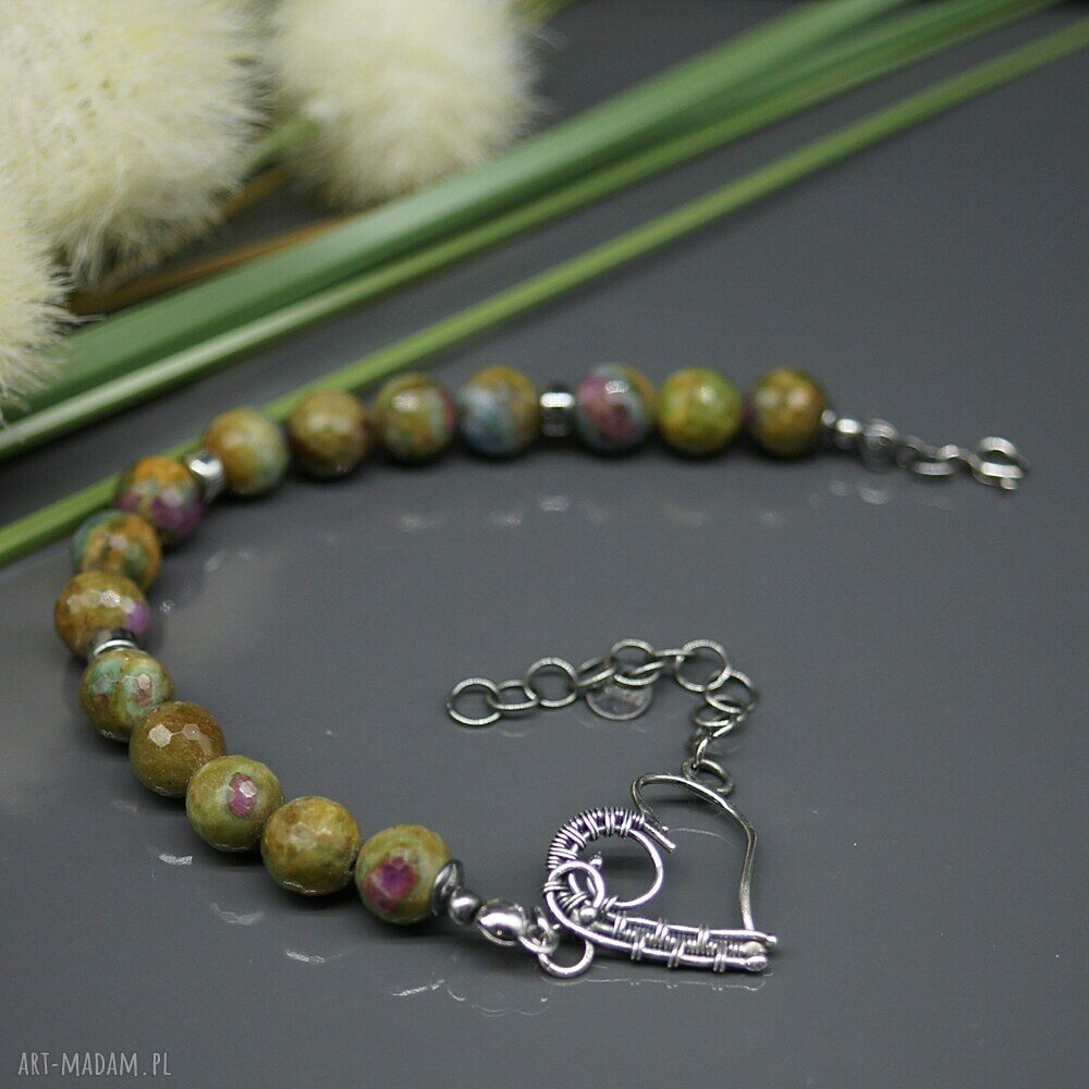 Bransoletka "Osha" - zoizyt, rubin i szafir w srebrze (wire wrapping)