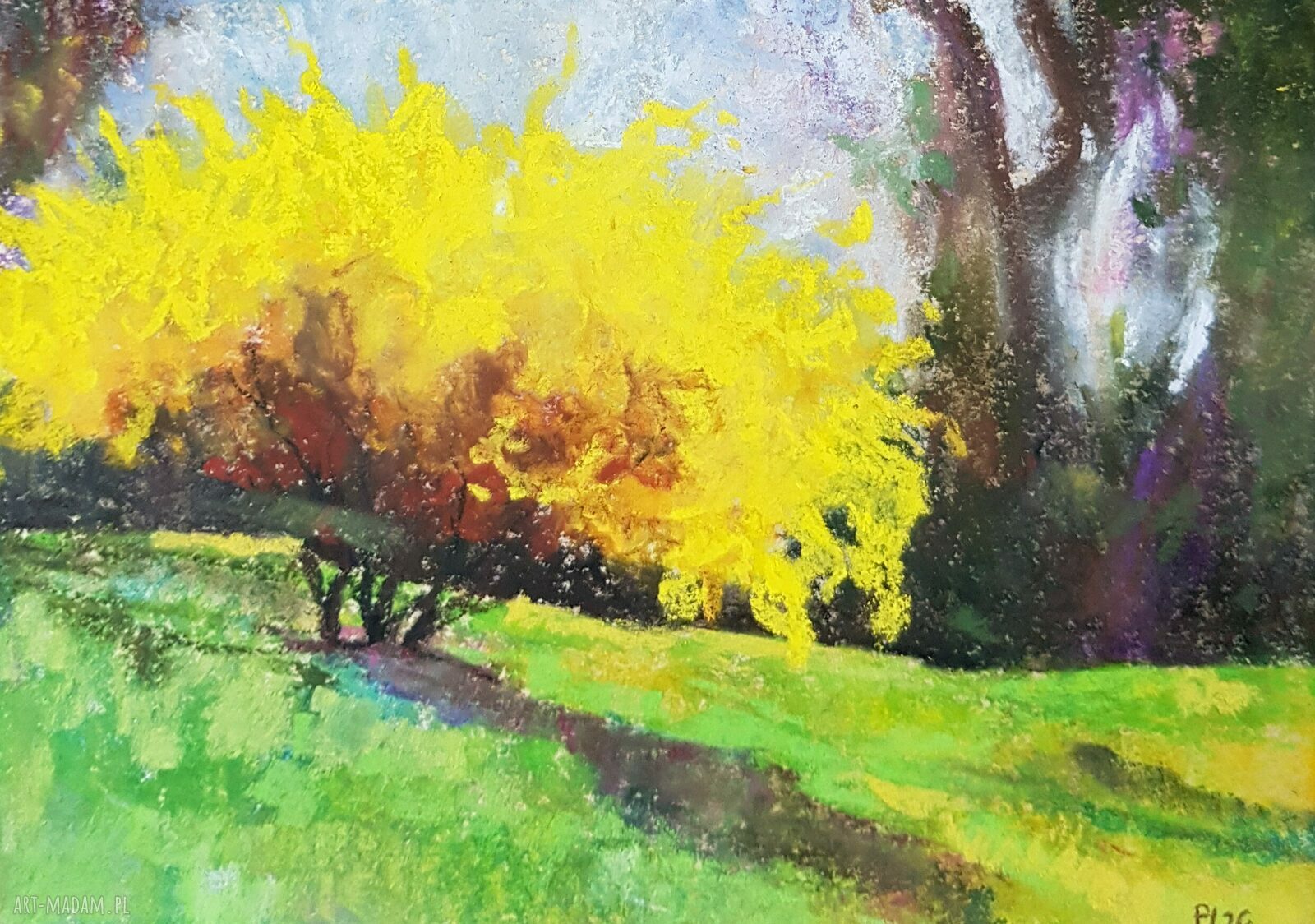 Żółte drzewo - obraz pastelami suchymi, pejzaż A5