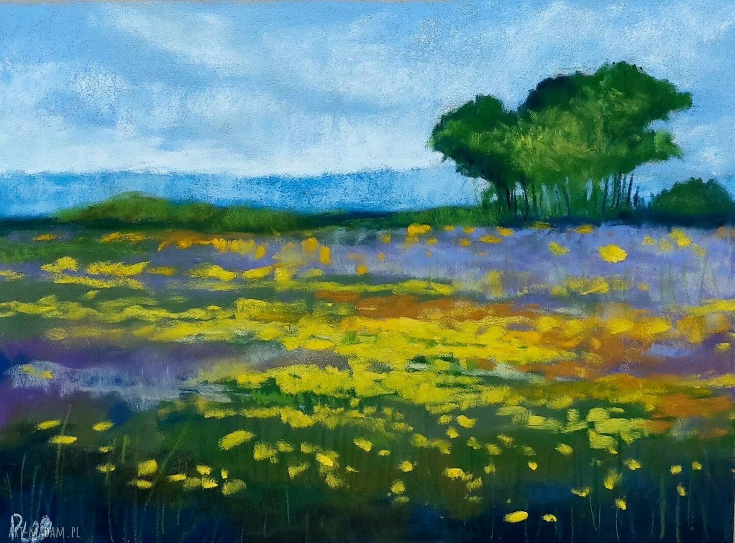 Żółta łąka - obraz z pasteli suchych 24x18 cm