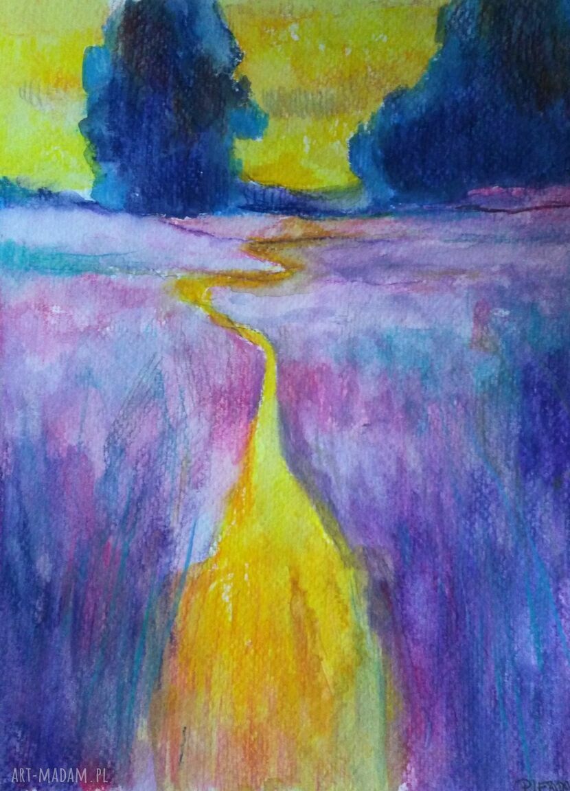 Żółta rzeka - akwarela ręcznie malowana 18x24 cm