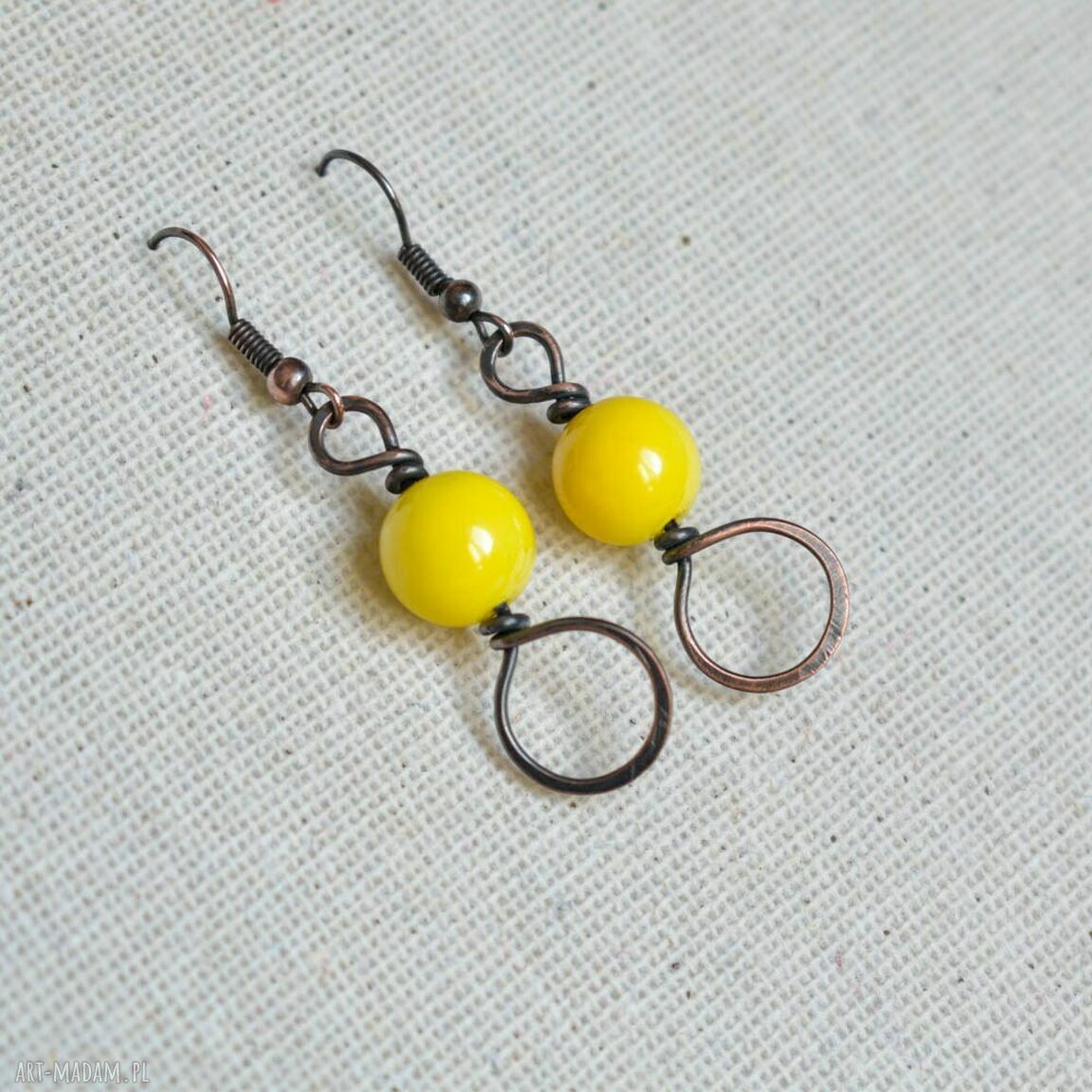 Żółte kolczyki miedziane retro na prezent dla niej