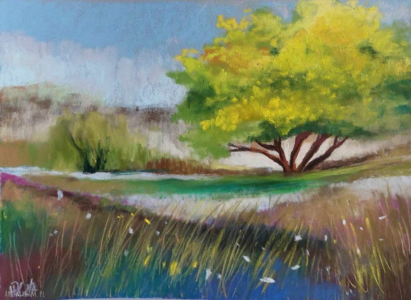 Żółte drzewo - obraz 18 x 24 cm z pastelami suchymi