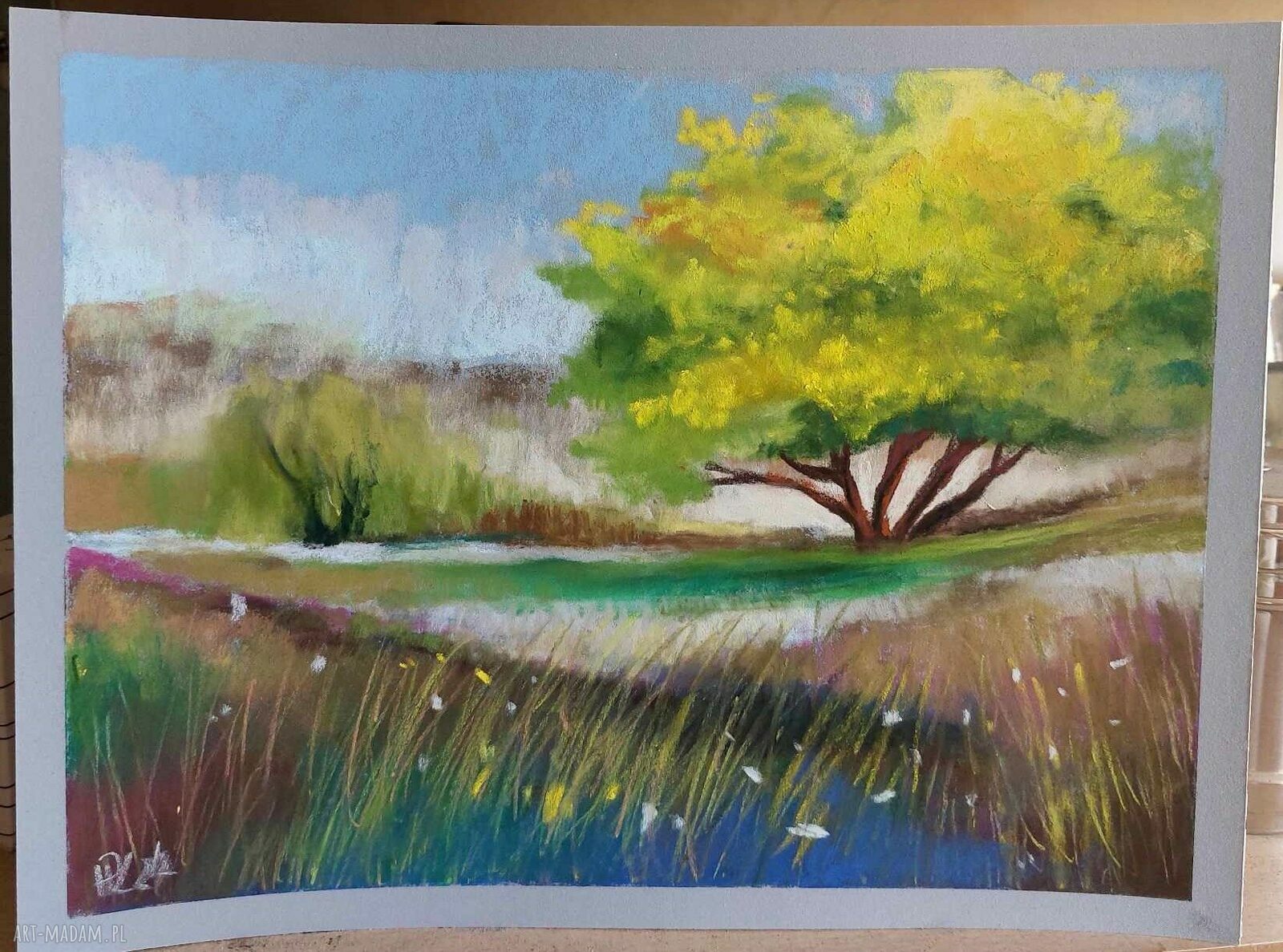 Żółte drzewo - obraz 18 x 24 cm z pastelami suchymi