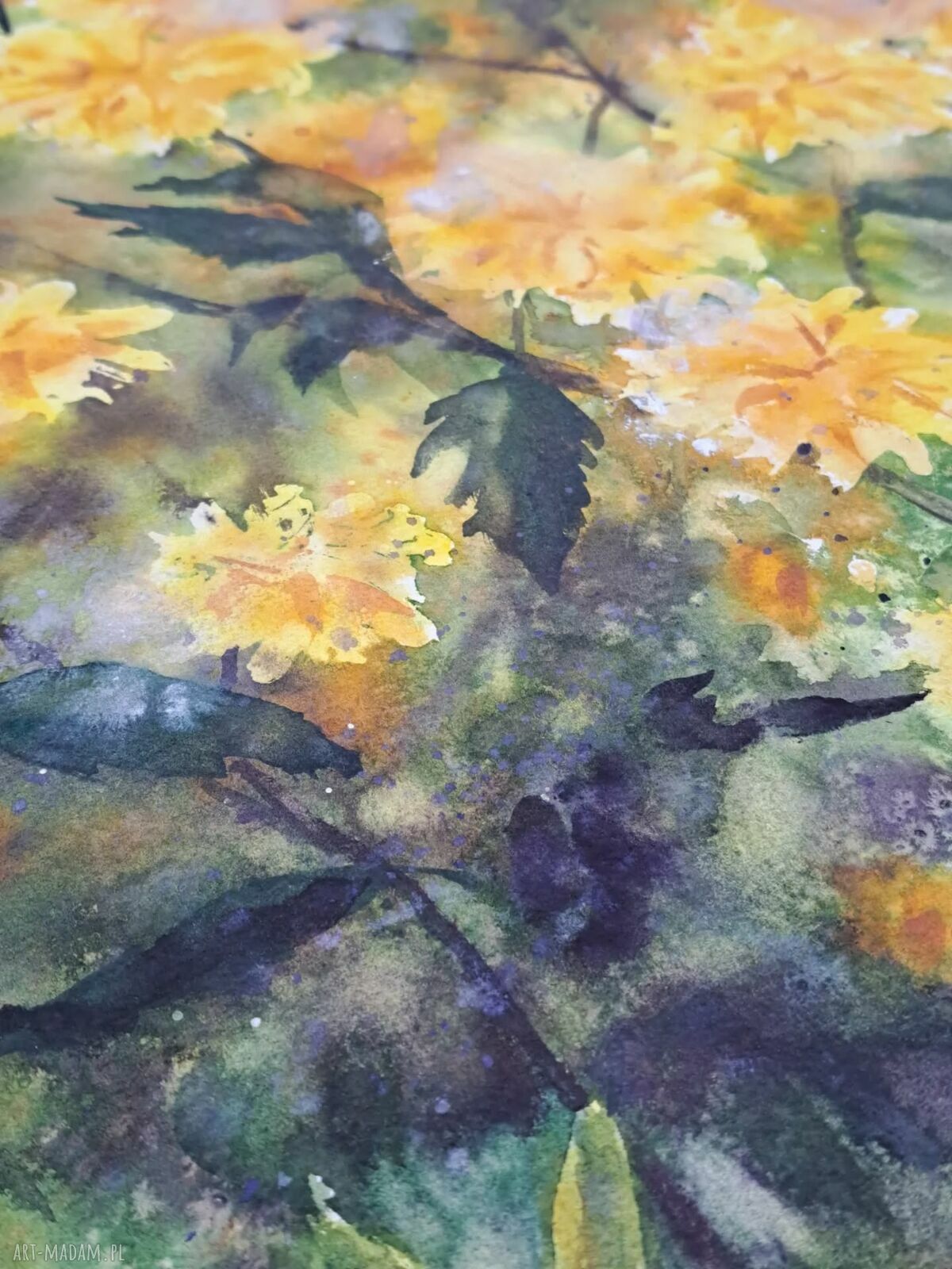 Żółte kwiatki - oryginalny obraz akwarelowy 42 x 29,7 cm