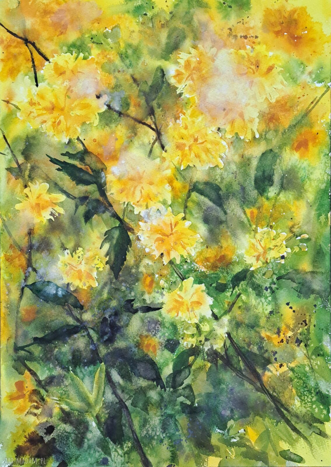 Żółte kwiatki - oryginalny obraz akwarelowy 42 x 29,7 cm