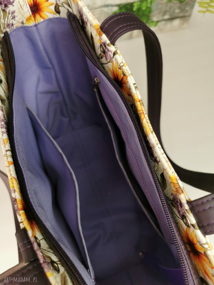 Duża torebka shopper na ramię z żółtymi kwiatami - format A4, z zamkiem