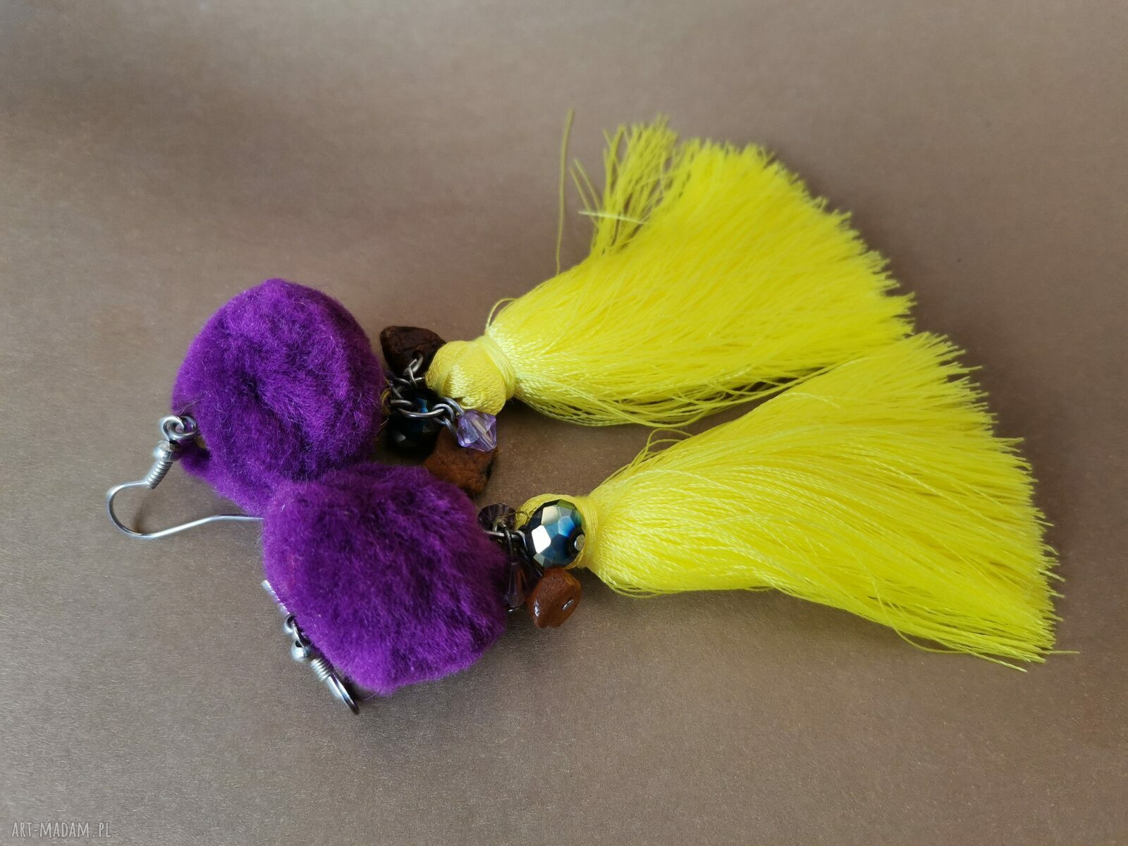 Kolczyki żółto-fioletowe Box x1 - boho frędzle i pompony