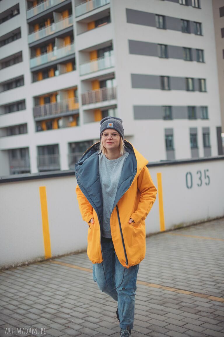 Żółty płaszcz, kurtka oversize ogromny kaptur, zimowy XS
