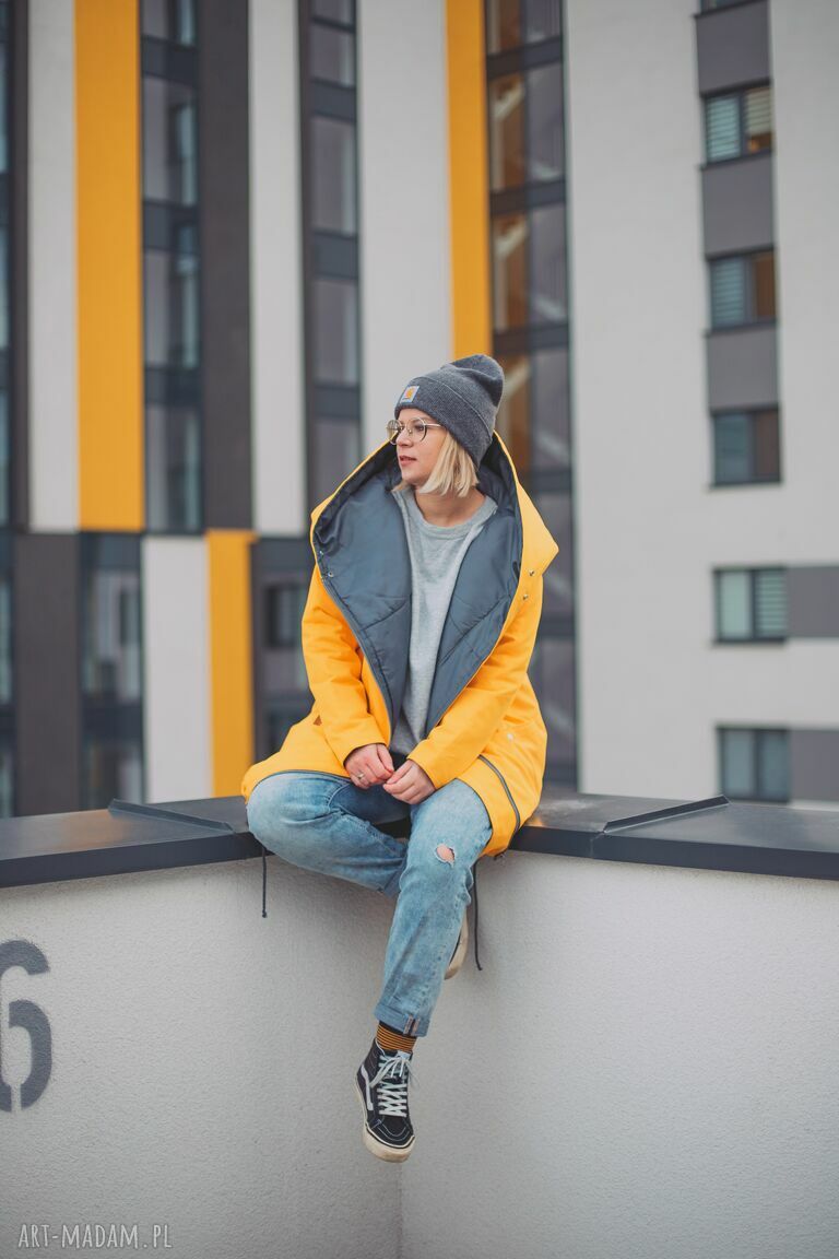 Żółty płaszcz, kurtka oversize ogromny kaptur, zimowy XS