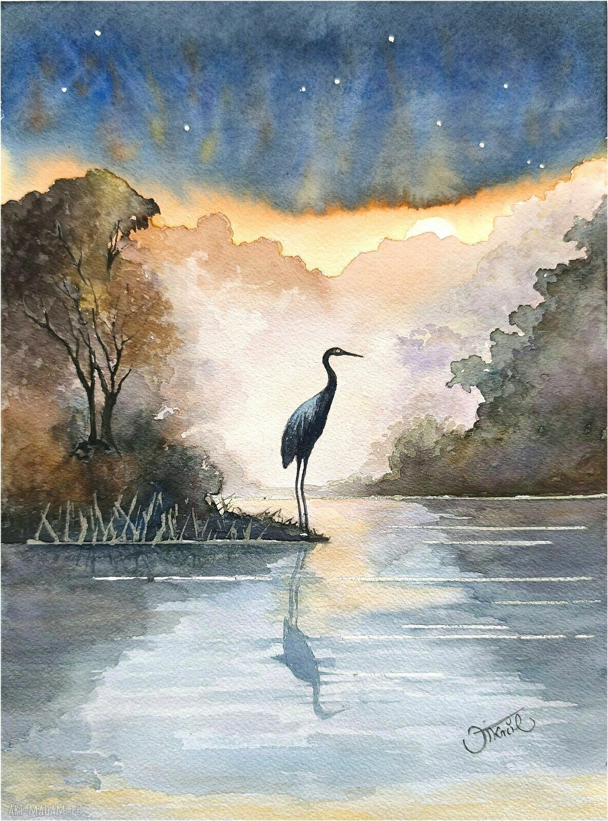 Żuraw o świcie - akwarela 24x32 cm