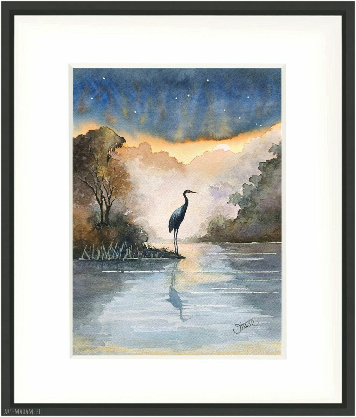 Żuraw o świcie - akwarela 24x32 cm