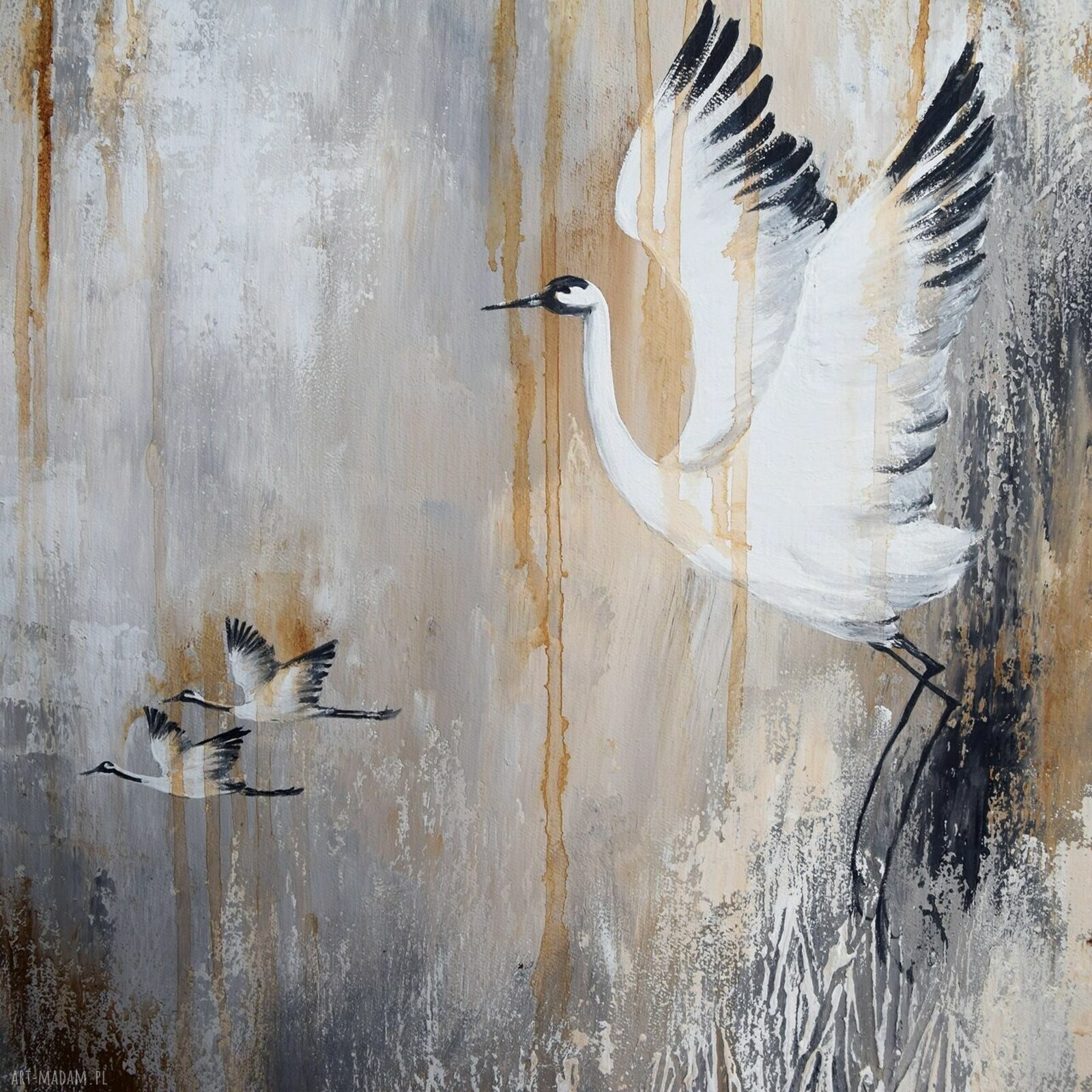Żurawie 21 - ręcznie malowany obraz z ptakami do salonu na płótnie 50 x 70 cm