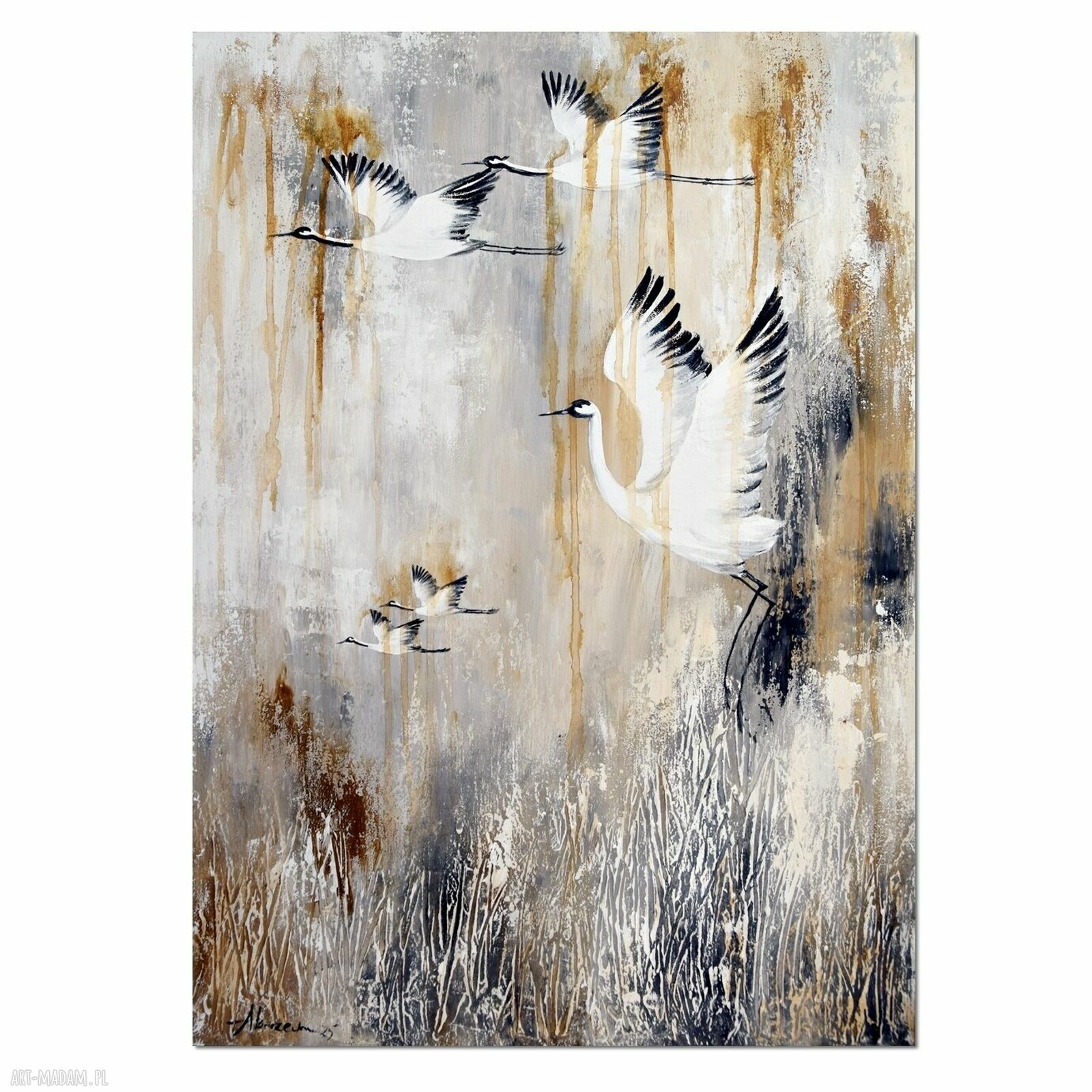 Żurawie 21 - ręcznie malowany obraz z ptakami do salonu na płótnie 50 x 70 cm
