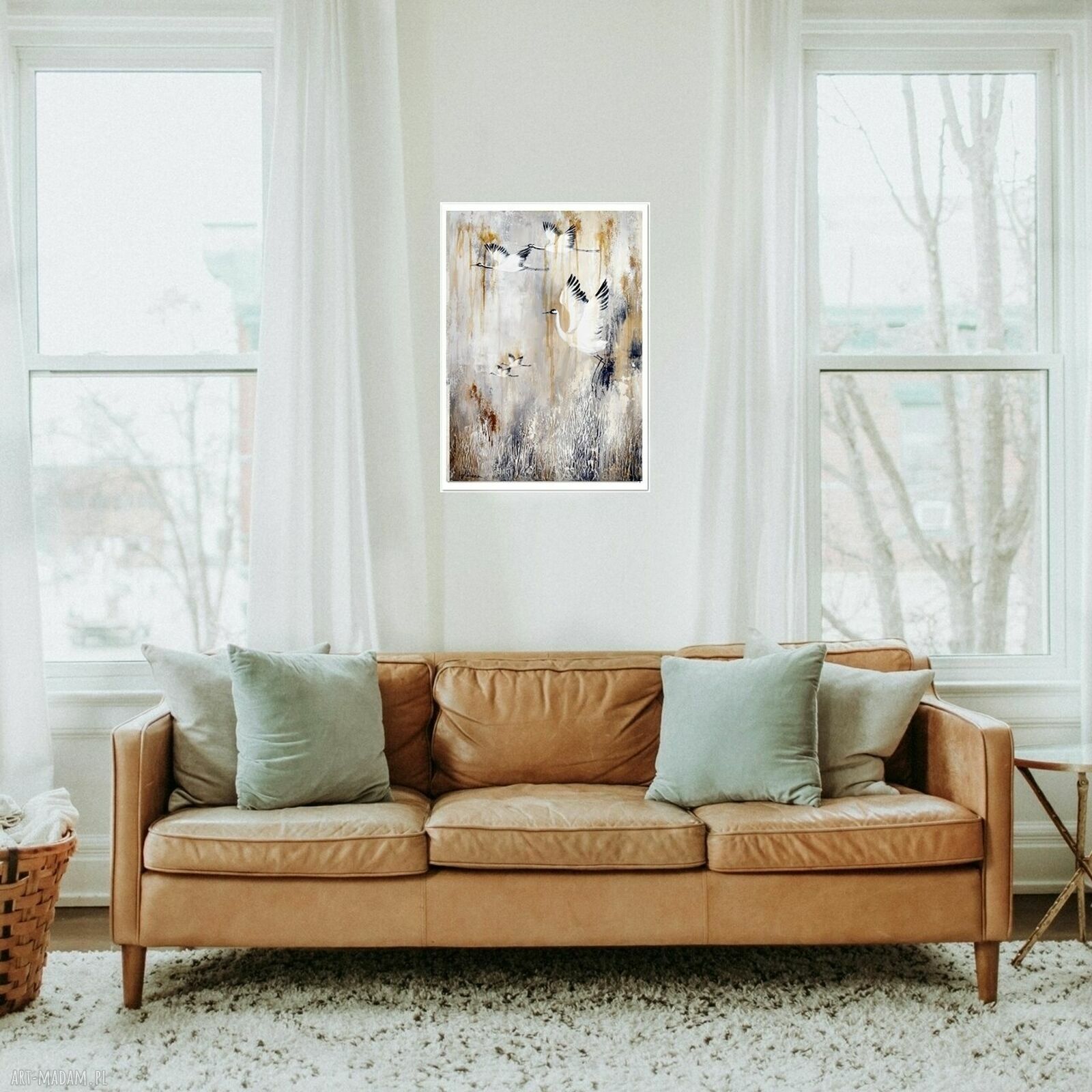 Żurawie 21 - ręcznie malowany obraz z ptakami do salonu na płótnie 50 x 70 cm