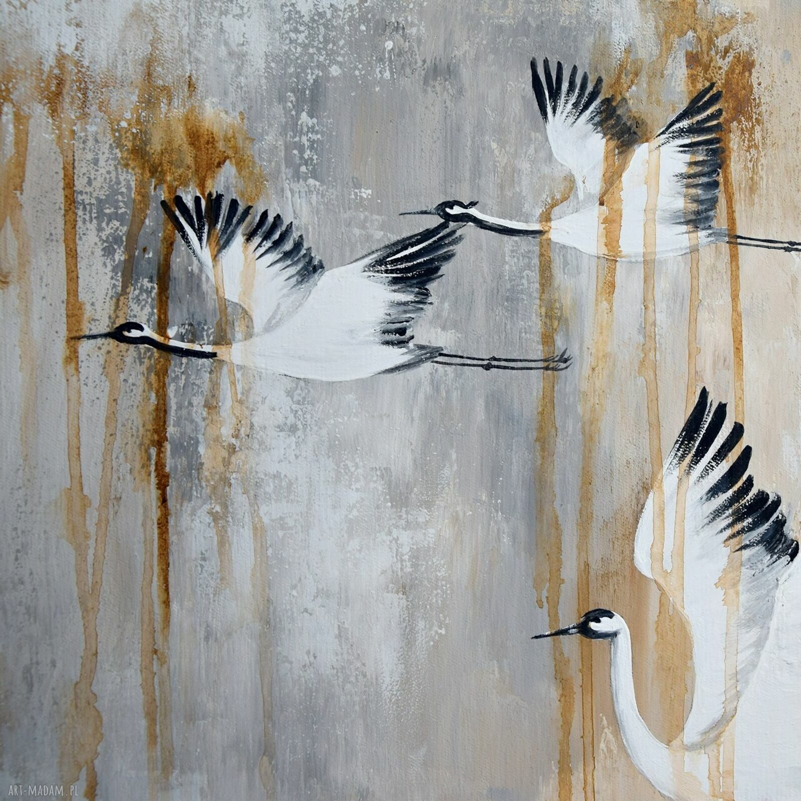 Żurawie 21 - ręcznie malowany obraz z ptakami do salonu na płótnie 50 x 70 cm