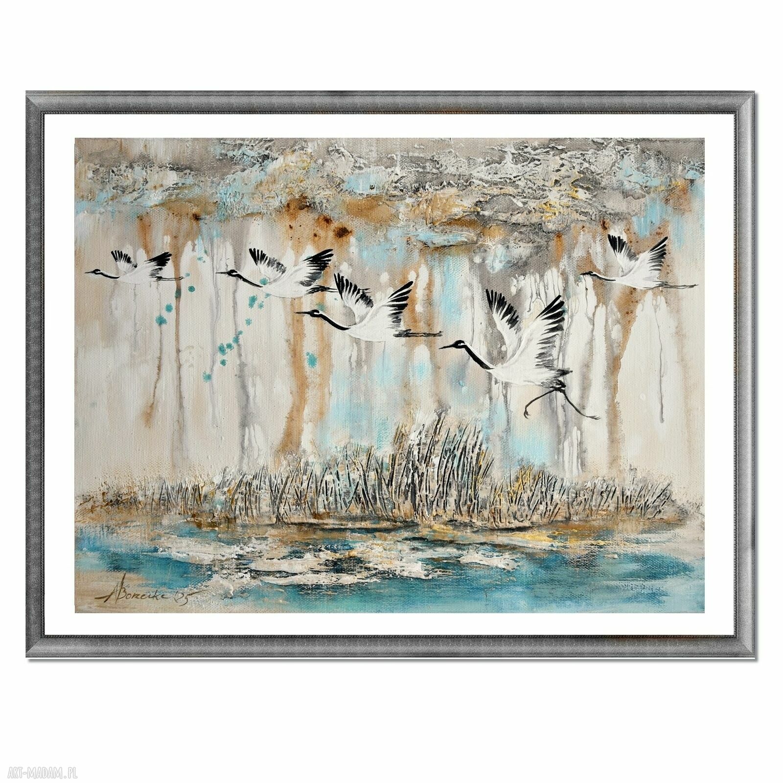 Żurawie 24 - ręcznie malowany obraz na płótnie do salonu (40x30 cm)