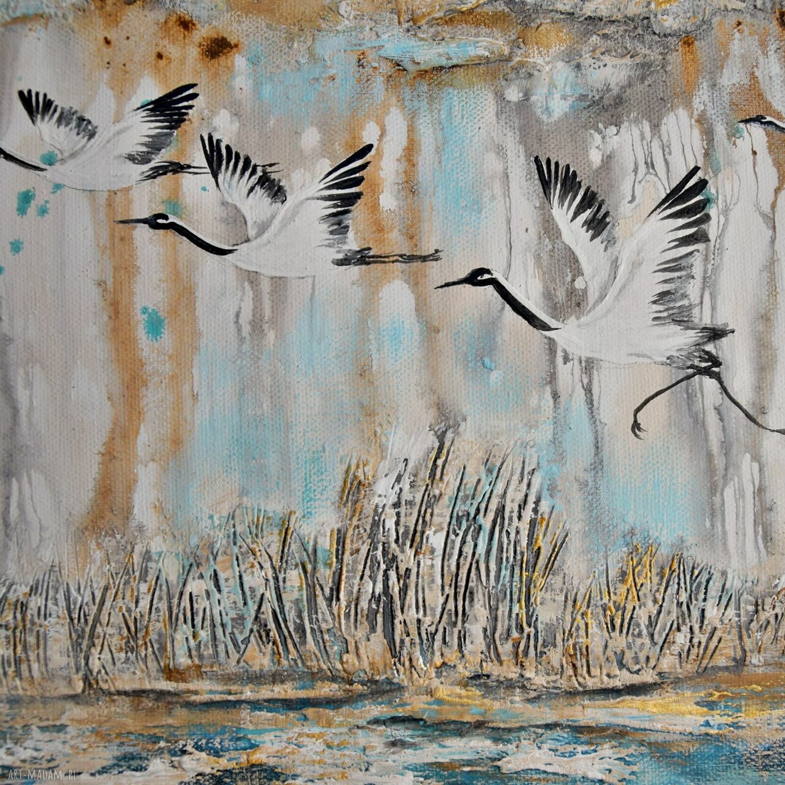 Żurawie 24 - ręcznie malowany obraz na płótnie do salonu (40x30 cm)
