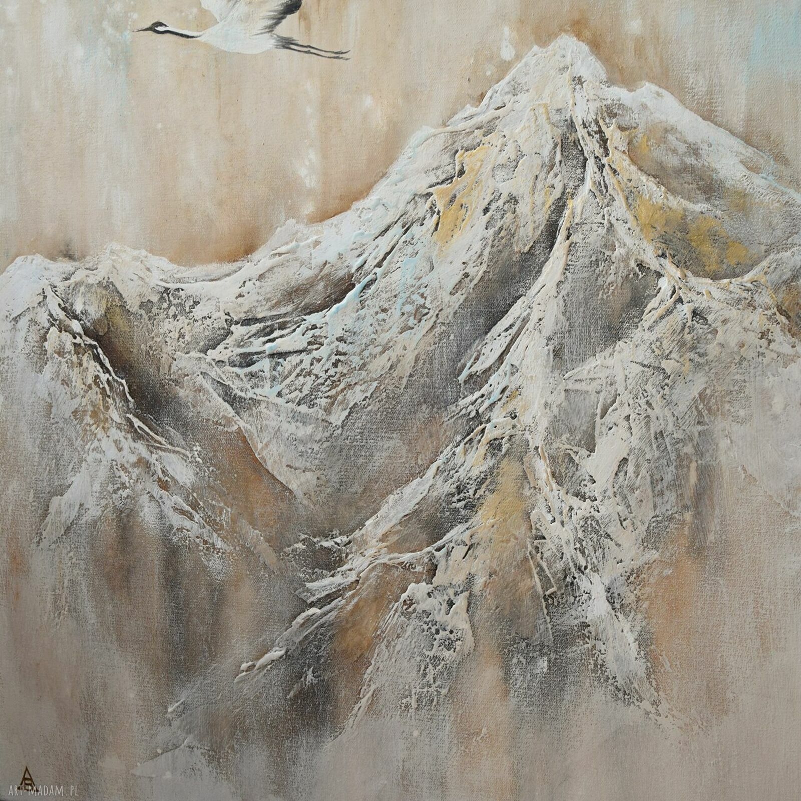 Nowoczesny obraz z żurawiami w górach - ręcznie malowany 60x80