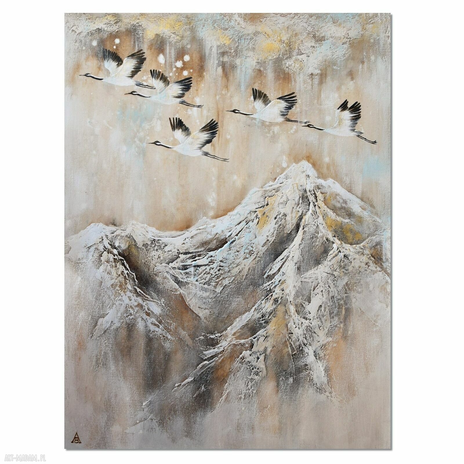 Nowoczesny obraz z żurawiami w górach - ręcznie malowany 60x80