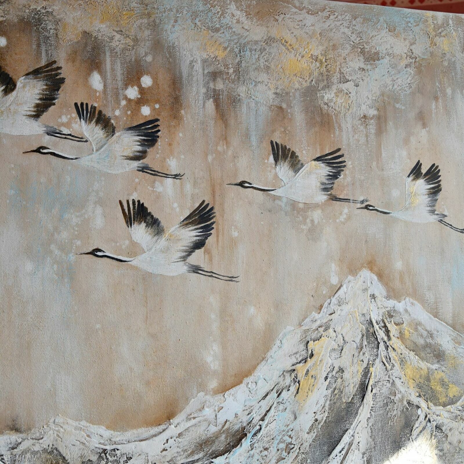 Nowoczesny obraz z żurawiami w górach - ręcznie malowany 60x80