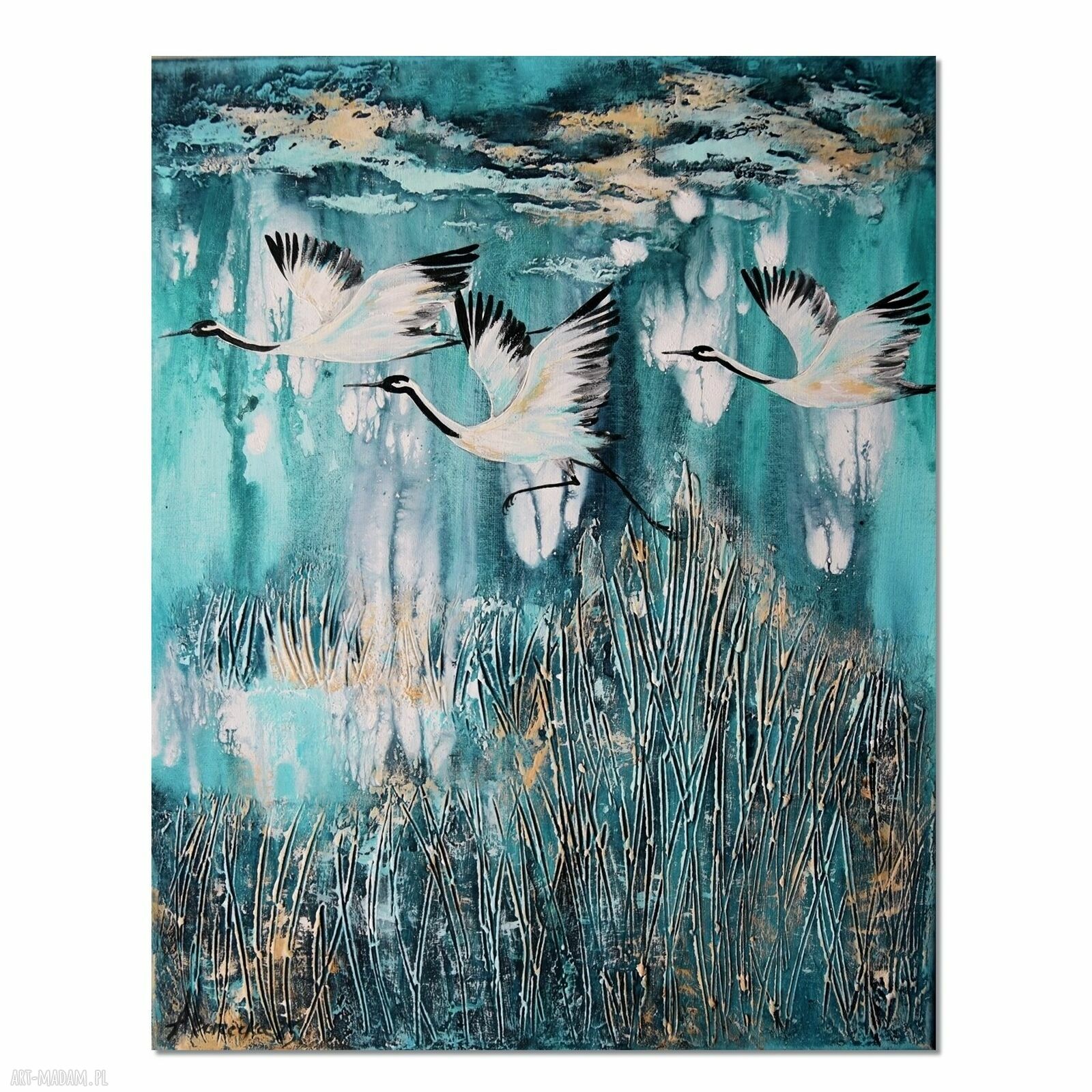 Żurawie 28 - obraz ptaki do salonu malowany ręcznie na płótnie 40x50 cm