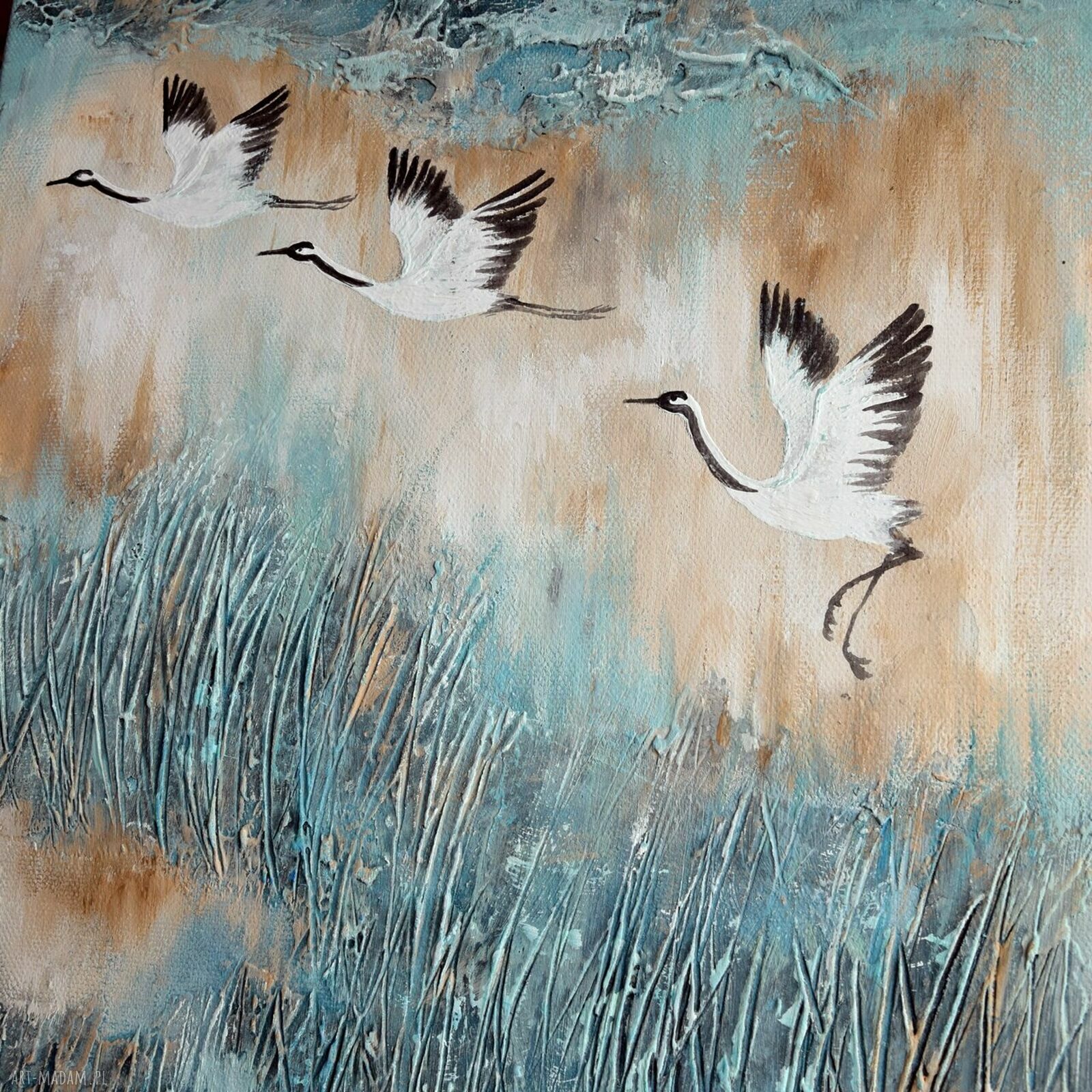Żurawie - nowoczesny obraz ręcznie malowany 30x40 cm z akrylową fakturą