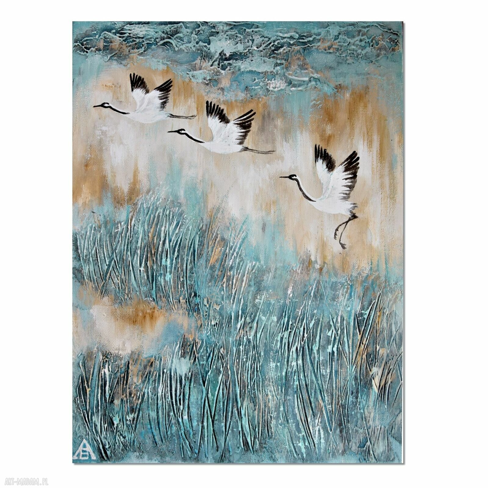 Żurawie - nowoczesny obraz ręcznie malowany 30x40 cm z akrylową fakturą