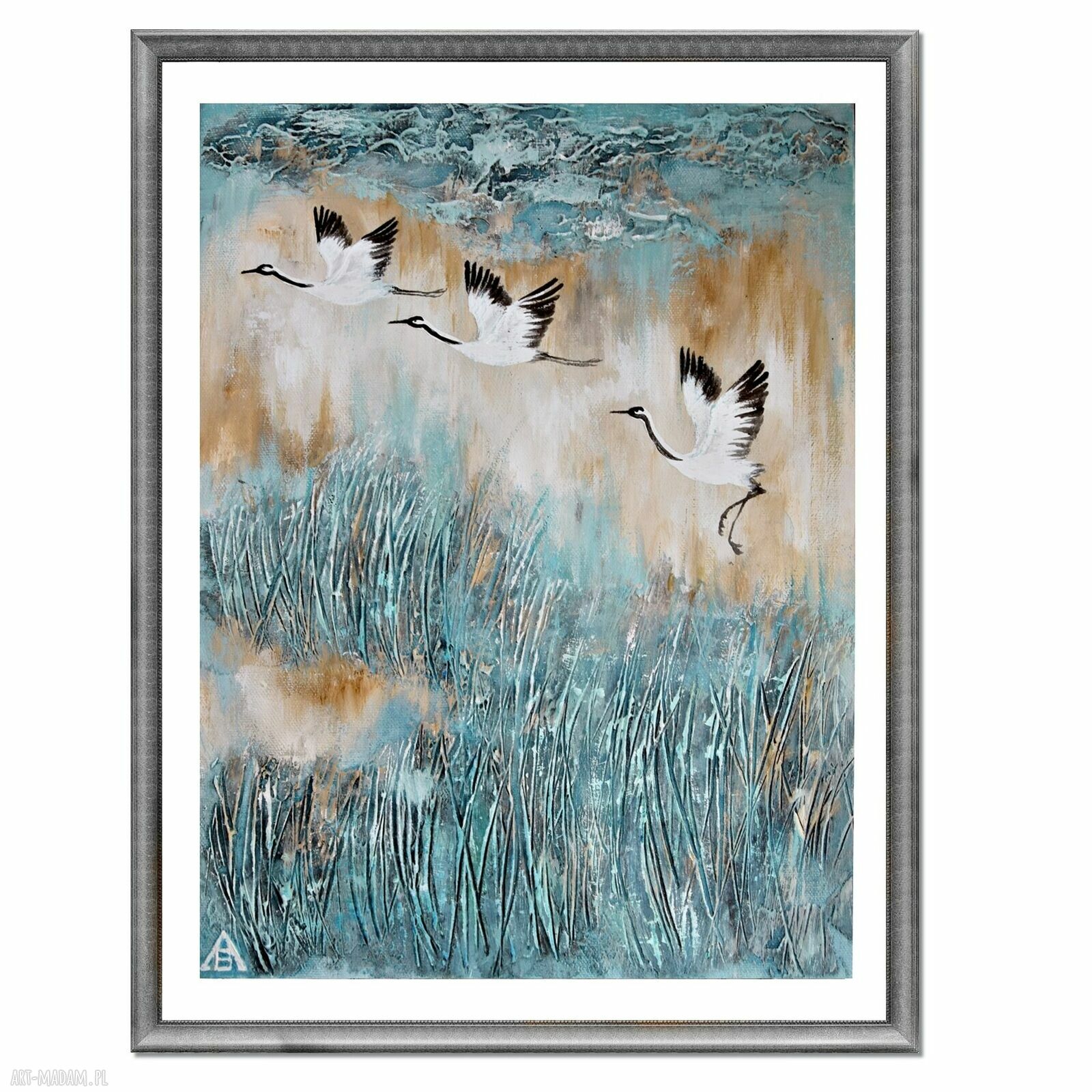 Żurawie - nowoczesny obraz ręcznie malowany 30x40 cm z akrylową fakturą