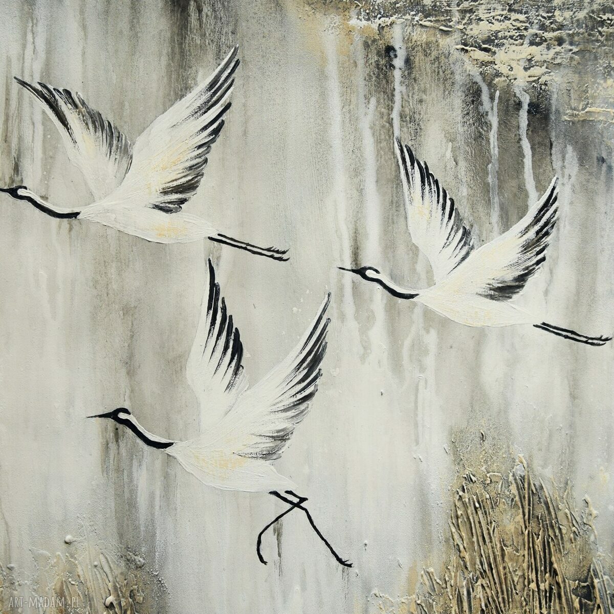 Obraz Żurawie 4 - ptaki w szarościach, ręcznie malowany na płótnie 100 x 70 cm