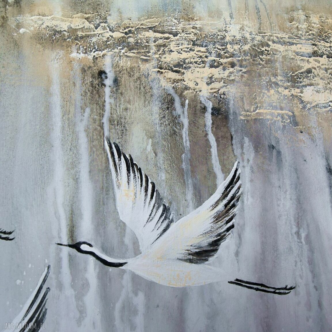 Obraz Żurawie 4 - ptaki w szarościach, ręcznie malowany na płótnie 100 x 70 cm
