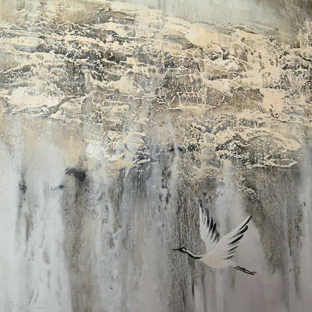 Obraz Żurawie 4 - ptaki w szarościach, ręcznie malowany na płótnie 100 x 70 cm