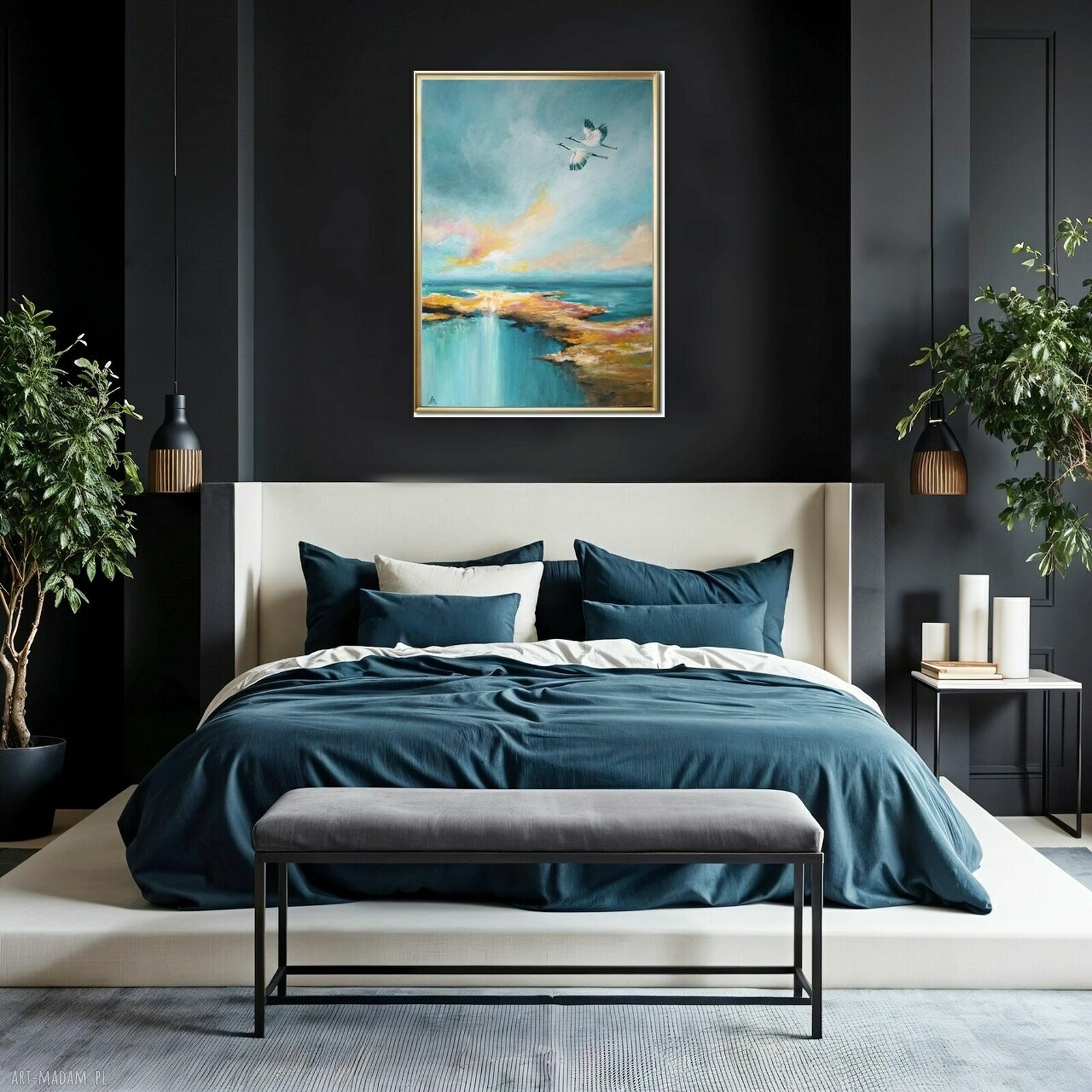 Żurawie abstrakcyjny pejzaż - ręcznie malowany obraz na płótnie 50x70 cm