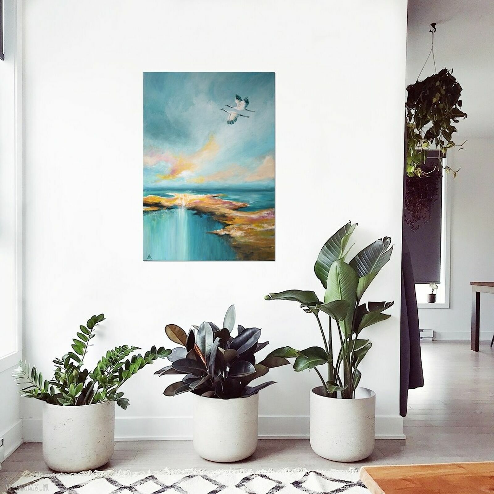 Żurawie abstrakcyjny pejzaż - ręcznie malowany obraz na płótnie 50x70 cm